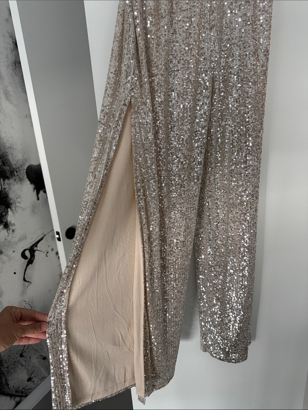 Sequin Champagne Jumpsuit, Slit Wide Leg, L - Picture 3 of 7